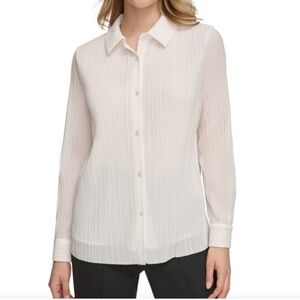 Calvin Klein Women's Plisse Long-Sleeve Button Down Shirt White Size XL